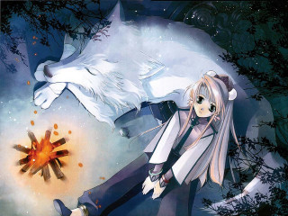 Girl wolf firefly moonlight forest - her back free wallpaper