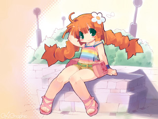 Girl sitting brickwall crossedlegs colorfuldress - a colorful dress free wallpaper