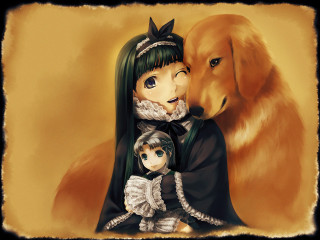 Gothic anime storybook children dogs - a woman and a child free wallpaper for desktop