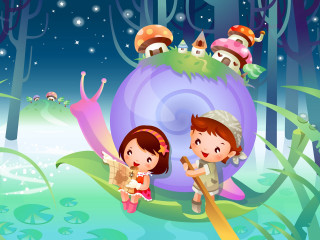 Leaf mushroom house starry night - storybook illustration free wallpaper for desktop