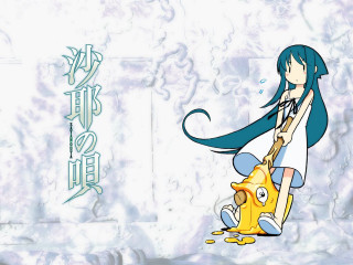 Girl longhair yellowobject blueheadwhite background - a blue tail free wallpaper