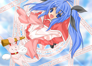 Bluehair girl pinkobject cat anime - blue hair holding free wallpaper