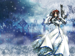 Snowy forest woman white dress - official art free wallpaper for desktop