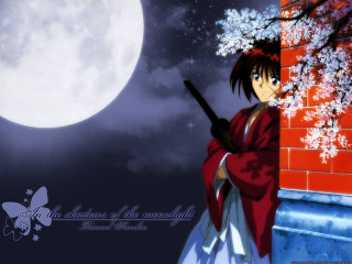 Woman moon cherryblossoms kimono shootingstar - a gun in front free wallpaper