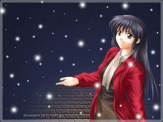 Woman red jacket snowflakes fireworks - official art free wallpaper for desktop