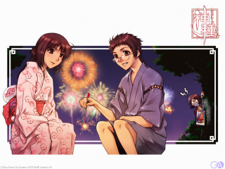 Fireworks night outdoor kimono girls - a couple of people sitting next free wallpaper