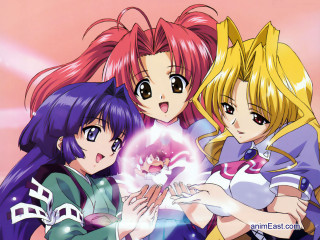 Three anime girls crystal ball - a pink sky in the background free wallpaper