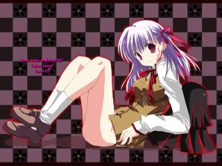Purple haired girl checkered floor - her foot free wallpaper