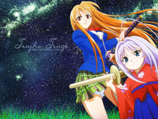 Anime girls starry sky sword - one holding free wallpaper