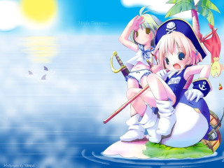 Island animegirls sailboat palm tree - a small island free wallpaper