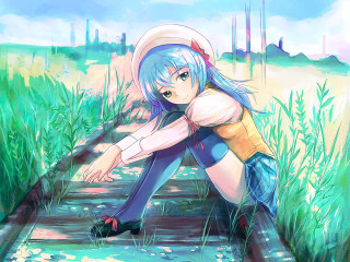 Blue haired girl kneeling traintrack - aya goda free wallpaper for desktop