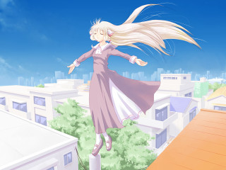 Woman flying city dress blonde - building and trees free wallpaper