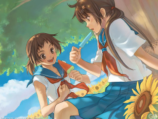 Girl boy sunflower tree sky - a bench in front free wallpaper