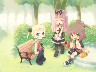 Three anime girls park bench 2 - three anime girl free wallpaper
