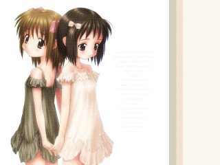Two anime girls back turned - their hands in free wallpaper