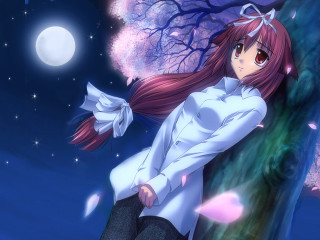 Girl long hair bow sitting 2 - a full moon behind her free wallpaper