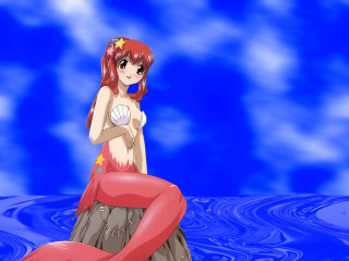 Red dress mermaid shell sitting - anime visual free wallpaper