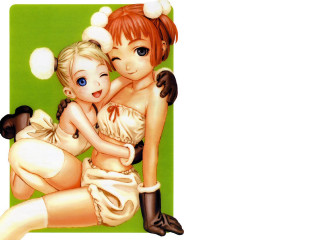 Cartoon hugging sisters blonde blue - white border free wallpaper for desktop
