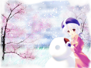 Pink dress girl snowman cherry - impressionism free wallpaper for desktop