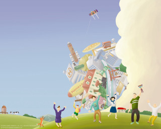 Kites flying people field buildings - storybook illustration free wallpaper for desktop