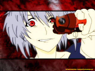 Yandere woman gun redeye silverhair - a red background behind her free wallpaper