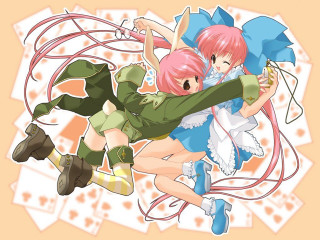 Anime hugging girls pinkhair rabbitears - a picture together free wallpaper for desktop