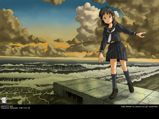 Girl ledge cloudy sky ocean - a sky background and a person free wallpaper