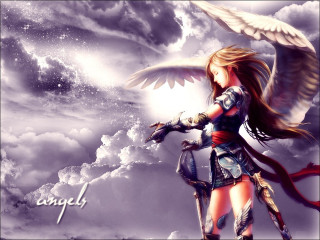 Angel wings girl sword clouds - dark fantasy art free wallpaper