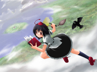 Girl flying book black wings - a book in her hand and a book in her other hand free wallpaper