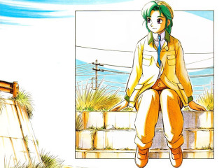 Green hair girl sitting ledge - a drawing of a person free wallpaper for desktop
