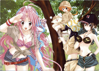 Pink hair anime girls tree - a cat free wallpaper