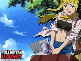 Blonde girl outdoors suitcase tree - a blue sky in the background free wallpaper for desktop