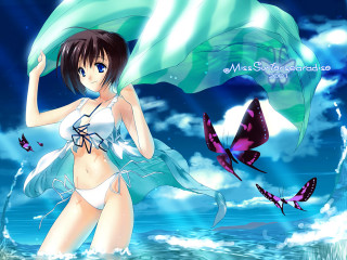 Woman bikini umbrella water butterflies 2 - above her free wallpaper
