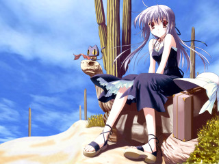 Woman suitcase cactus bird desert - anime visual free wallpaper