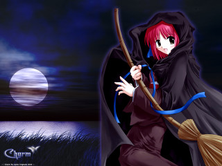 Black cloak woman broom moon - her hand free wallpaper
