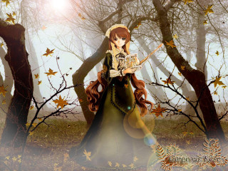 Woman green dress forest autumn 2 - a forest free wallpaper