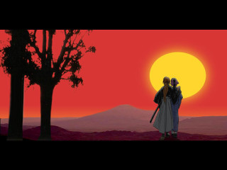 Sunset mountains trees japanese figures - the sun setting free wallpaper