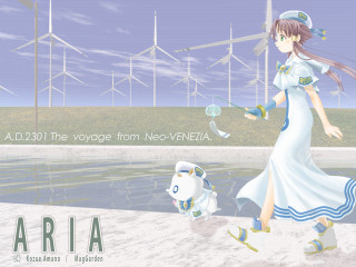 Woman pond windmills white dress - solarpunk free wallpaper