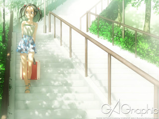 Woman stairs suitcase forest anime - figurative art free wallpaper