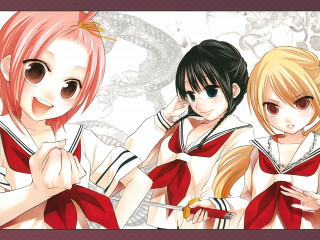 Three anime girls pink red - white shirt free wallpaper