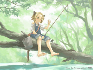 Girl cat fishing tree portrait - a cat free wallpaper