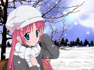 Pink hair girl snow winter - a white hat free wallpaper