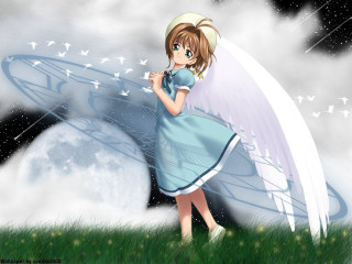 Girl blue dress umbrella moon - above her free wallpaper