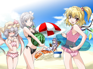 Three anime girls beach umbrellas - umbrella free wallpaper
