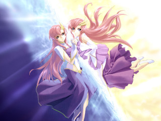 Anime girls hug purple dress - a blue sky behind them free wallpaper for desktop