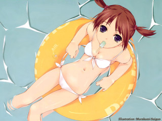 Cartoon girl bikini floating raft - a raft free wallpaper