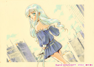 Woman blue dress cityscape manga - long hair and a ponytail free wallpaper