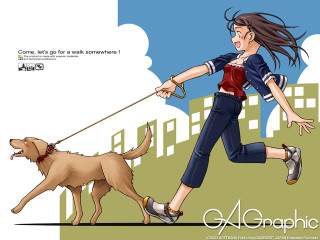 Woman running dog cityscape illustration - a cityscape background free wallpaper