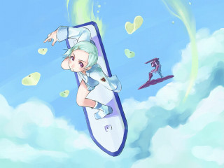 Aqua hair cartoon flying surfboard - a surfboard free wallpaper for desktop