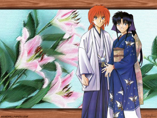 Anime couple flower background blue - ukiyoe free wallpaper